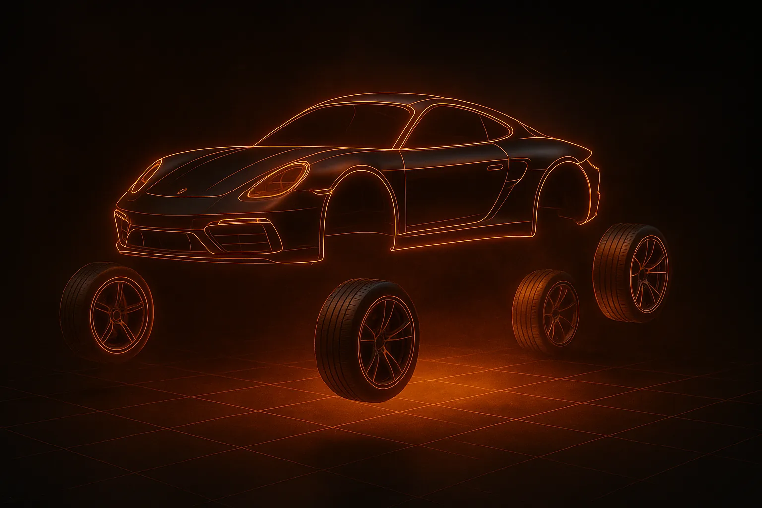 Exploded view of a car separating into body and four wheels
